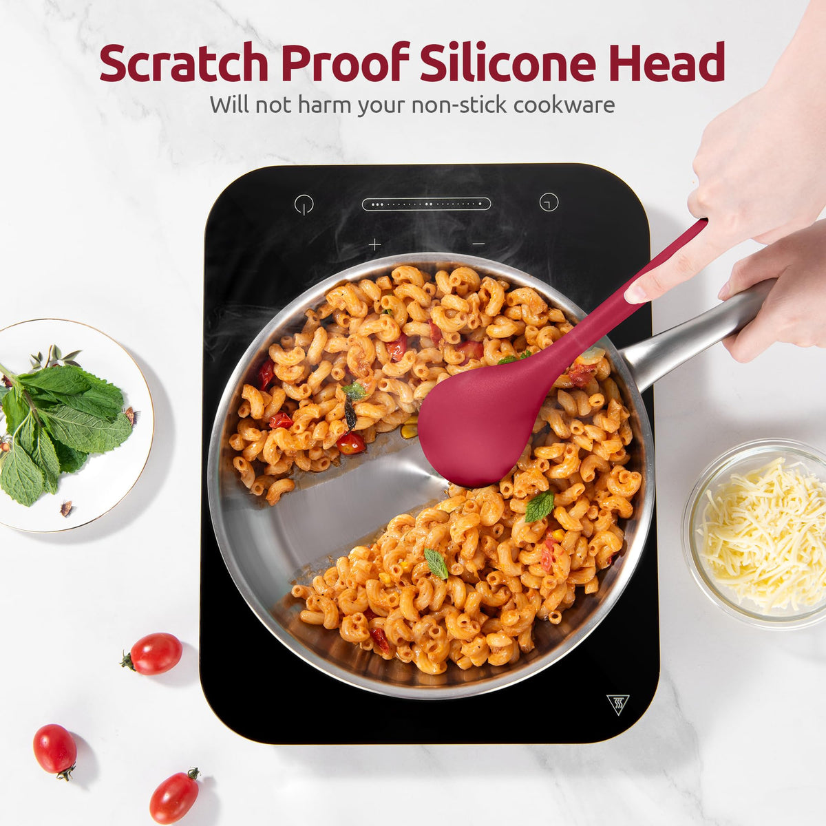 U-Taste red ladle offers flexible edge for scooping soups.