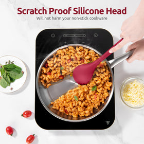U-Taste red ladle offers flexible edge for scooping soups.
