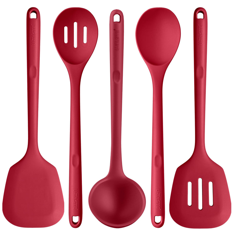 U-Taste silicone utensil set features 13.6-inch red handles for safe cooking.