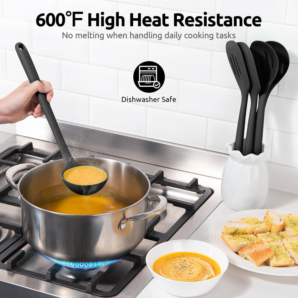 U-Taste soft silicone tip protects non-stick cookware during use