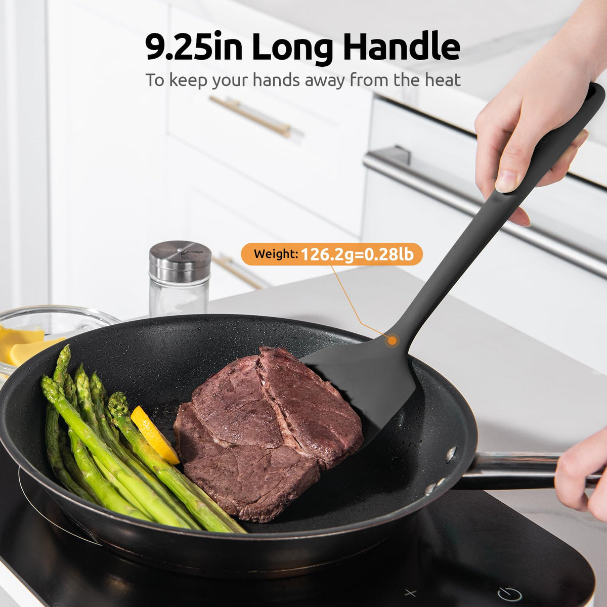 U-Taste wide-angled silicone head enables precise control when sliding under food