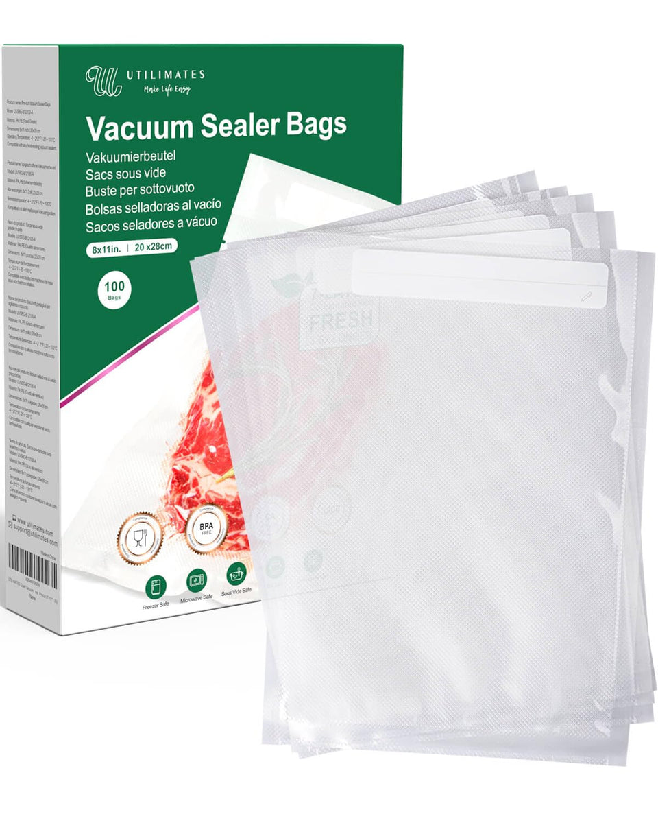 Utilimates quart vacuum sealer bags with heavy-duty film for durable, airtight storage.