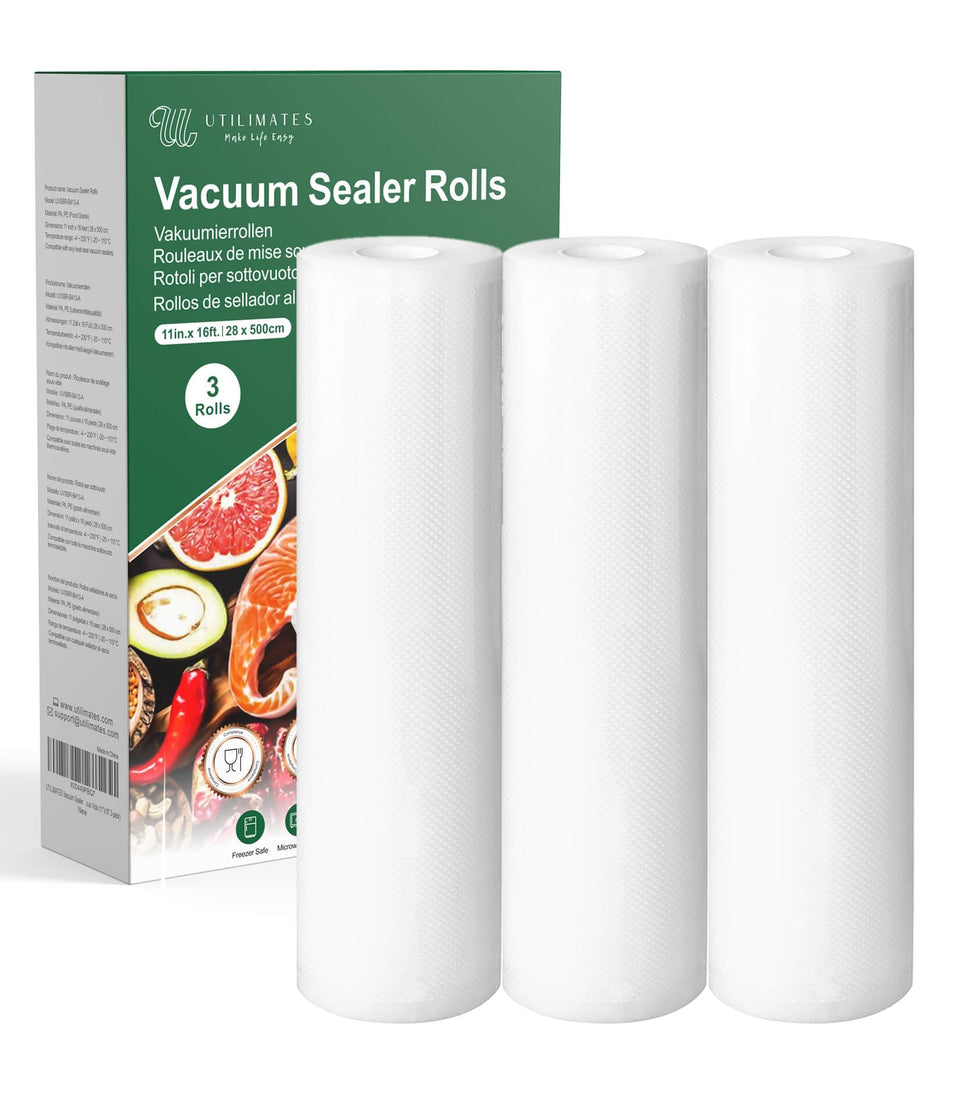 UTILIMATES vacuum sealer bags 11 inch rolls in a 3-pack for flexible portioning and storage.