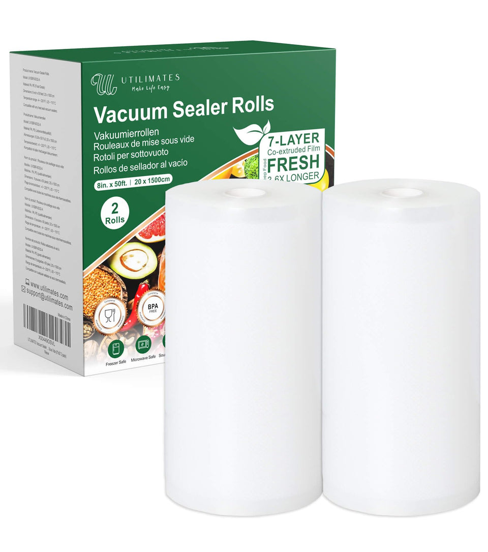 UTILIMATES 8-inch embossed vacuum sealer bags ready for precise storage.