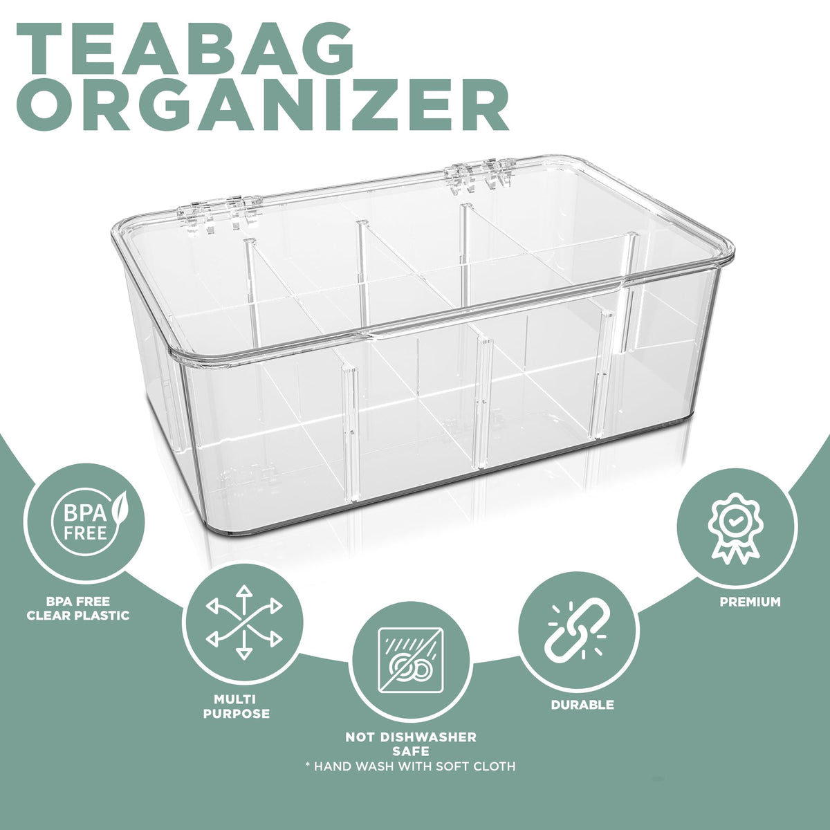 Utopia Home clear organizer shown in fridge or drawer for organized tea items.