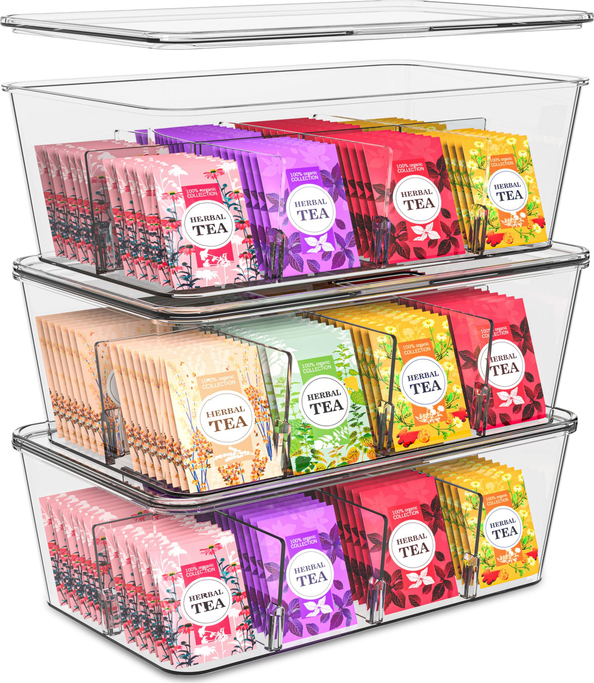 Utopia Home tea bag organizer 3-pack shown in a clear drawer for easy access.