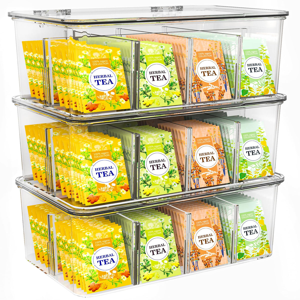 Utopia Home tea bag organizer with lids, 3-pack, keeps tea bags neatly stored and accessible.