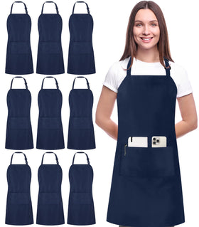 Utopia Kitchen 10-pack bib apron front view with navy fabric and two pockets.