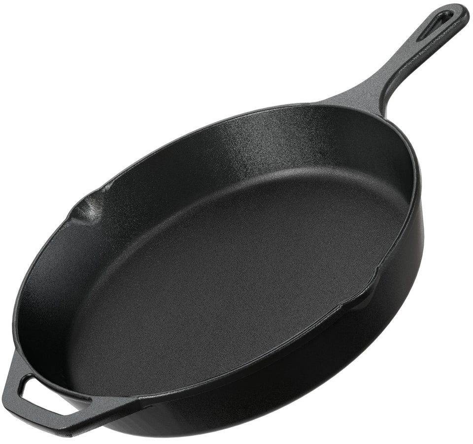 Utopia Kitchen 12-inch cast iron skillet top view delivering even heat for searing.
