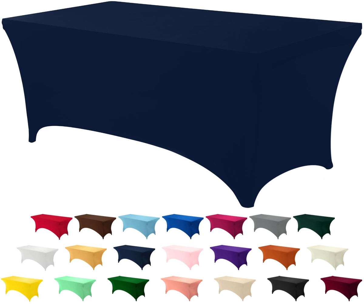 Utopia Kitchen 6ft spandex tablecloth navy with secure leg pockets for a tidy setup.