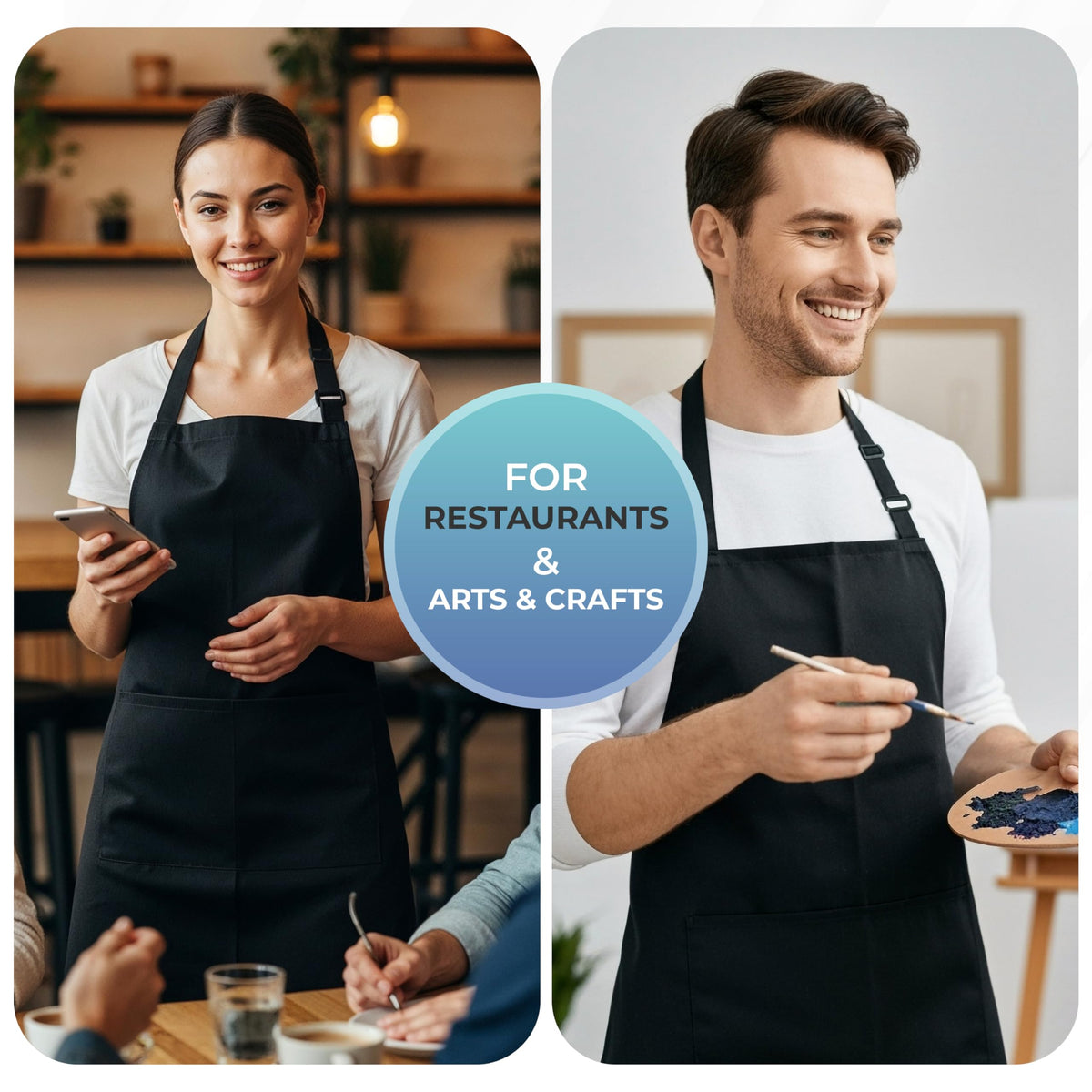Utopia Kitchen pack-of-4 bib aprons, ideal for families, classrooms, or catering setups.
