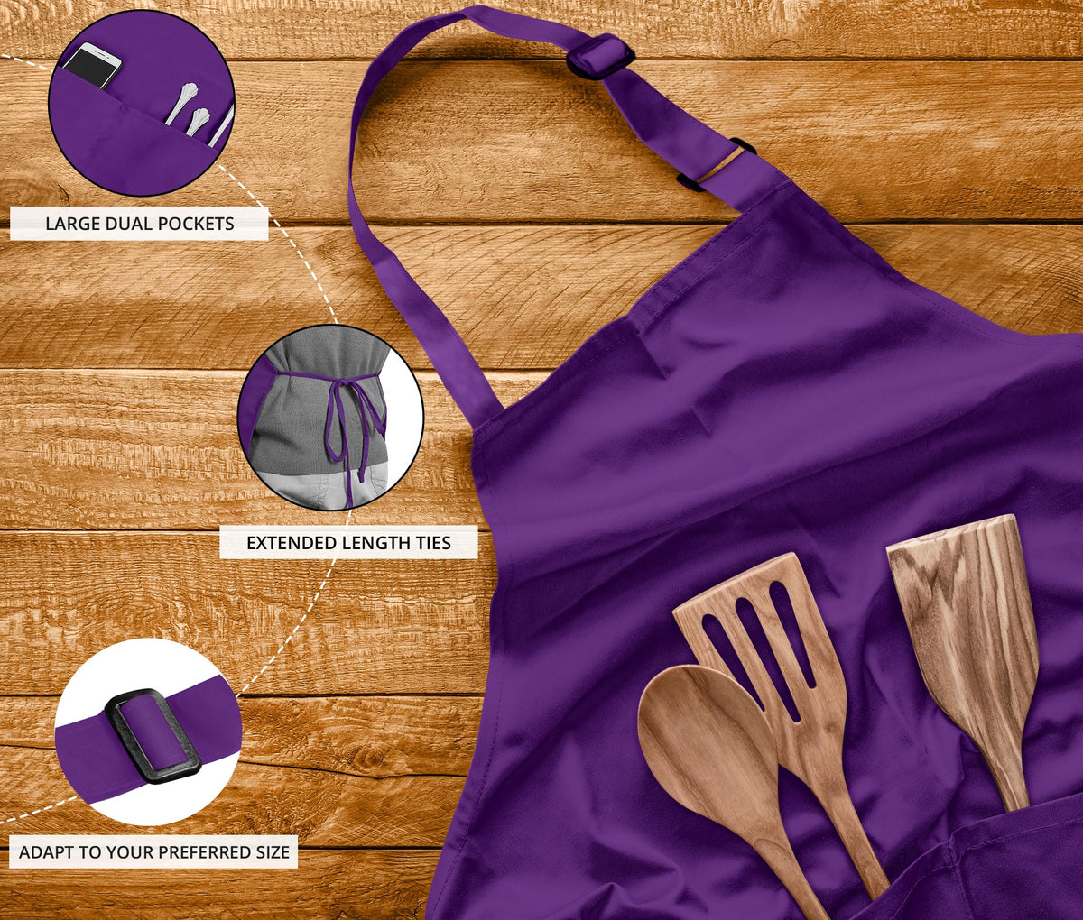 Utopia Kitchen waterdrop-resistant bib apron on counter with towel nearby.