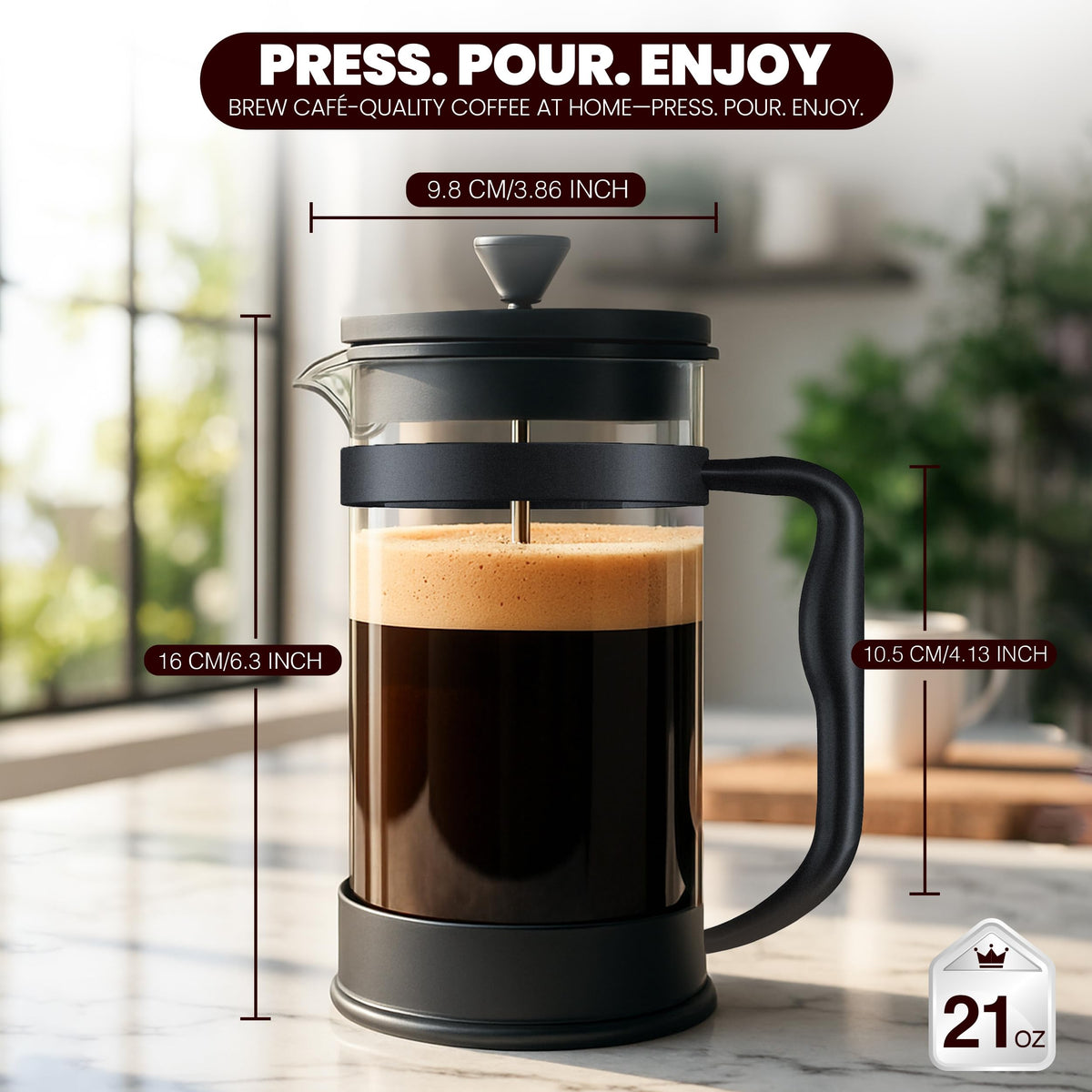 Utopia Kitchen French press with ergonomic handle for easy pouring.