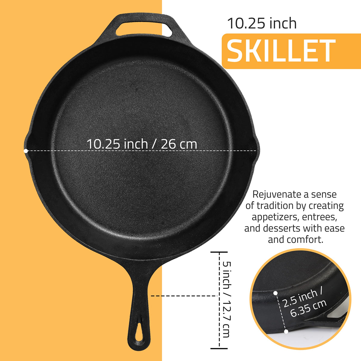 Utopia Kitchen cast iron pan side view highlighting ergonomic grip handle
