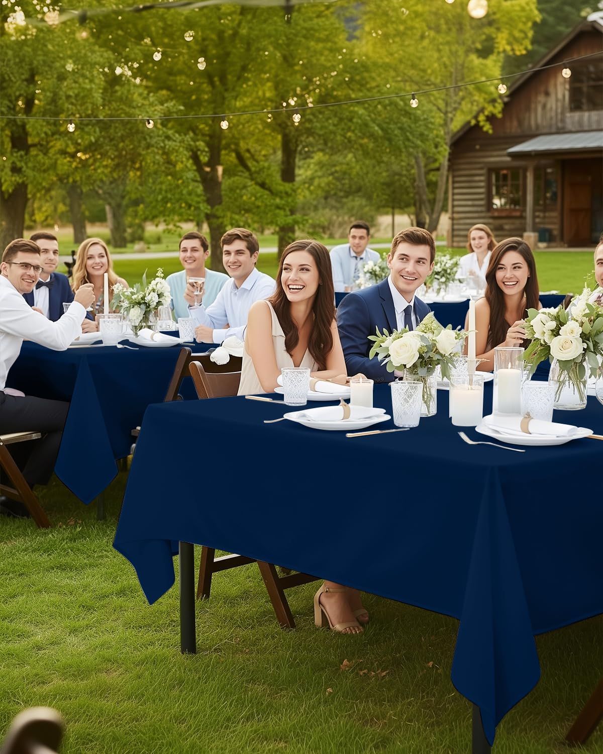 Utopia Kitchen navy tablecloth coordinates with dining decor and seating areas.