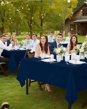 Utopia Kitchen navy tablecloth coordinates with dining decor and seating areas.