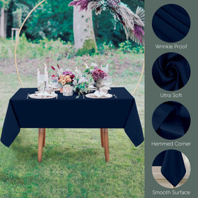 Machine washable navy blue table cloth for easy cleanup after gatherings.