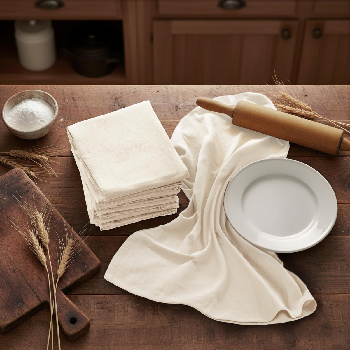 Utopia Kitchen flour sack towel in embroidery project, gentle fabric handling