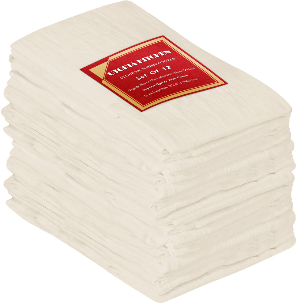 Utopia Kitchen flour sack towels folded with soft cotton and strong absorbency for dish drying.
