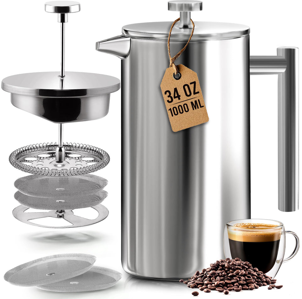 Utopia Kitchen French Press 34 oz with double-wall insulation for lasting warmth