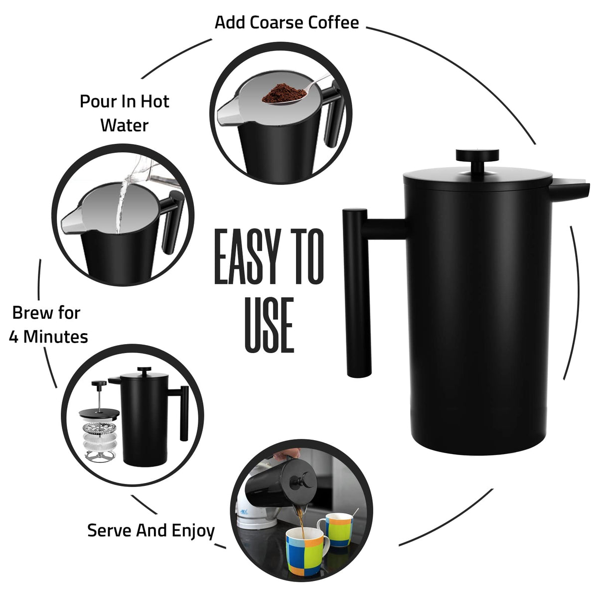 Utopia Kitchen on-counter scene demonstrates easy brewing with this press
