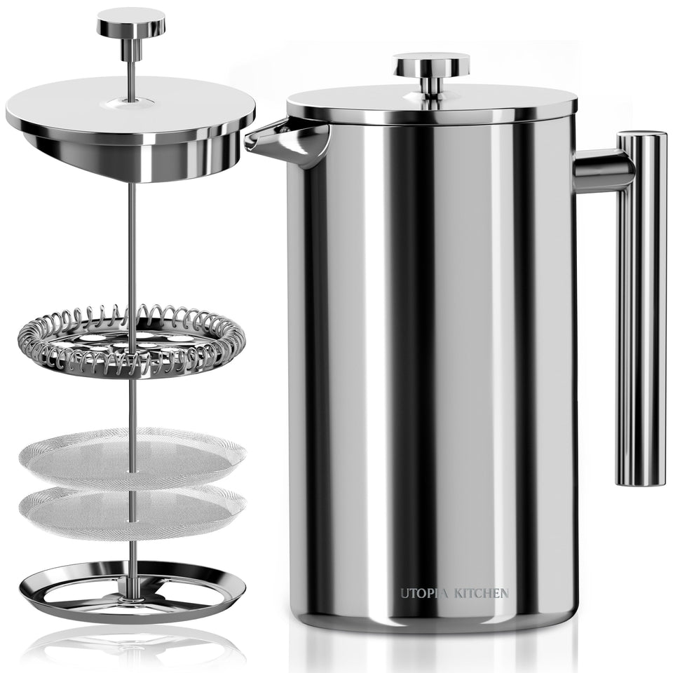 Utopia Kitchen French Press top view highlights sturdy stainless steel construction for flavorful brews.