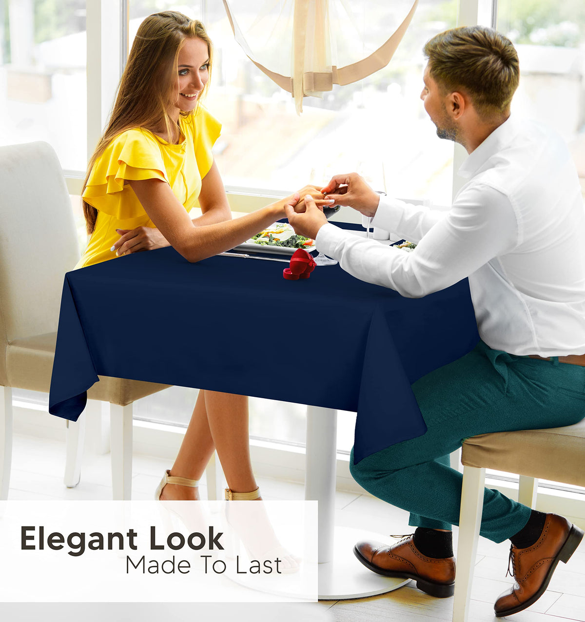 Durable polyester fabric of the navy blue table cloth endures busy use.
