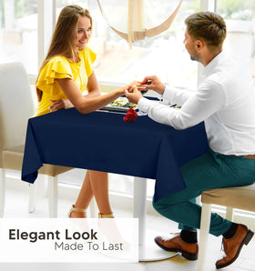 Durable polyester fabric of the navy blue table cloth endures busy use.