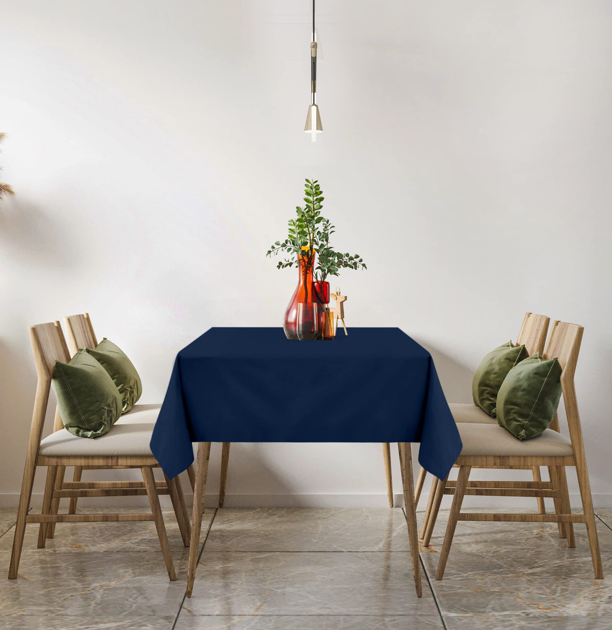 Buffet area using navy blue Utopia Kitchen table cloth for cohesive styling.