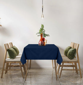 Buffet area using navy blue Utopia Kitchen table cloth for cohesive styling.