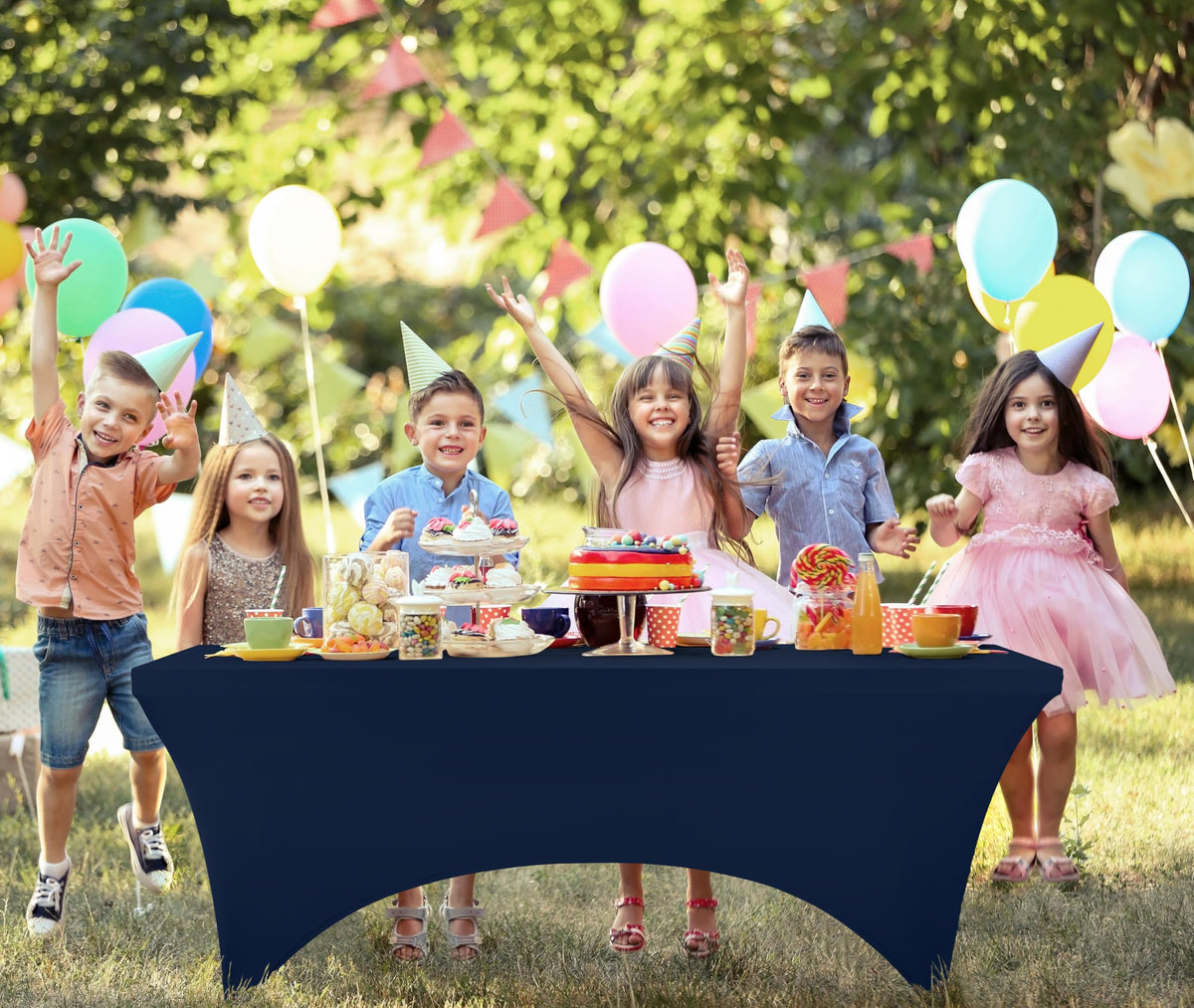 Utopia Kitchen secure-fit tablecloth showing leg pockets in action.