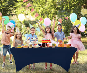 Utopia Kitchen secure-fit tablecloth showing leg pockets in action.