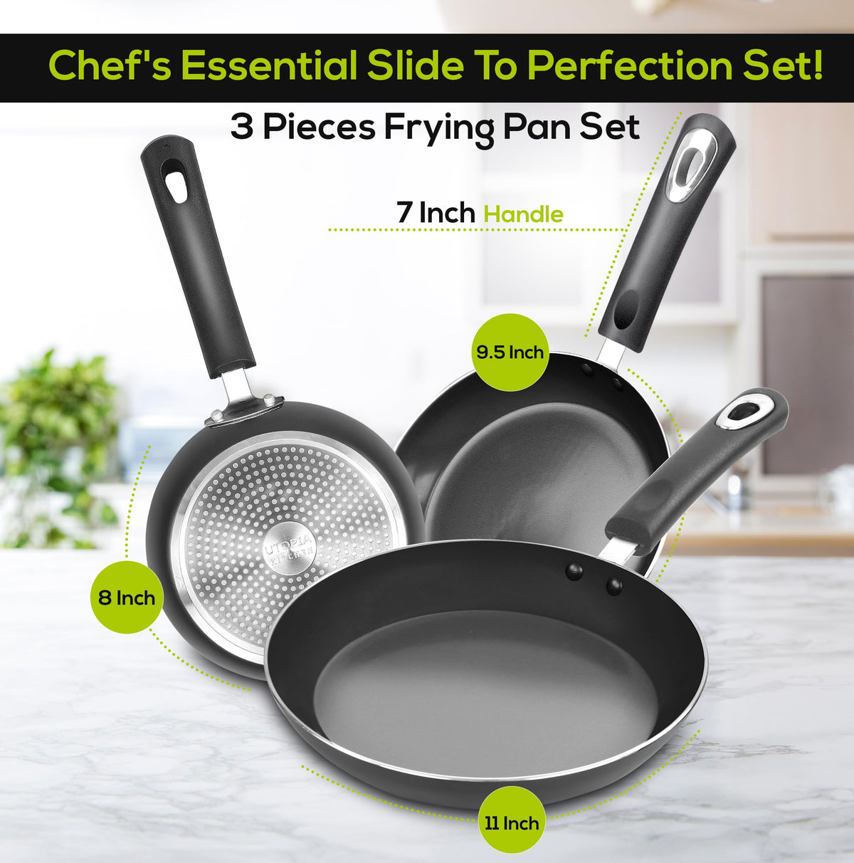 Utopia Kitchen 9.5-inch pan showing even-heat distribution for uniform browning.