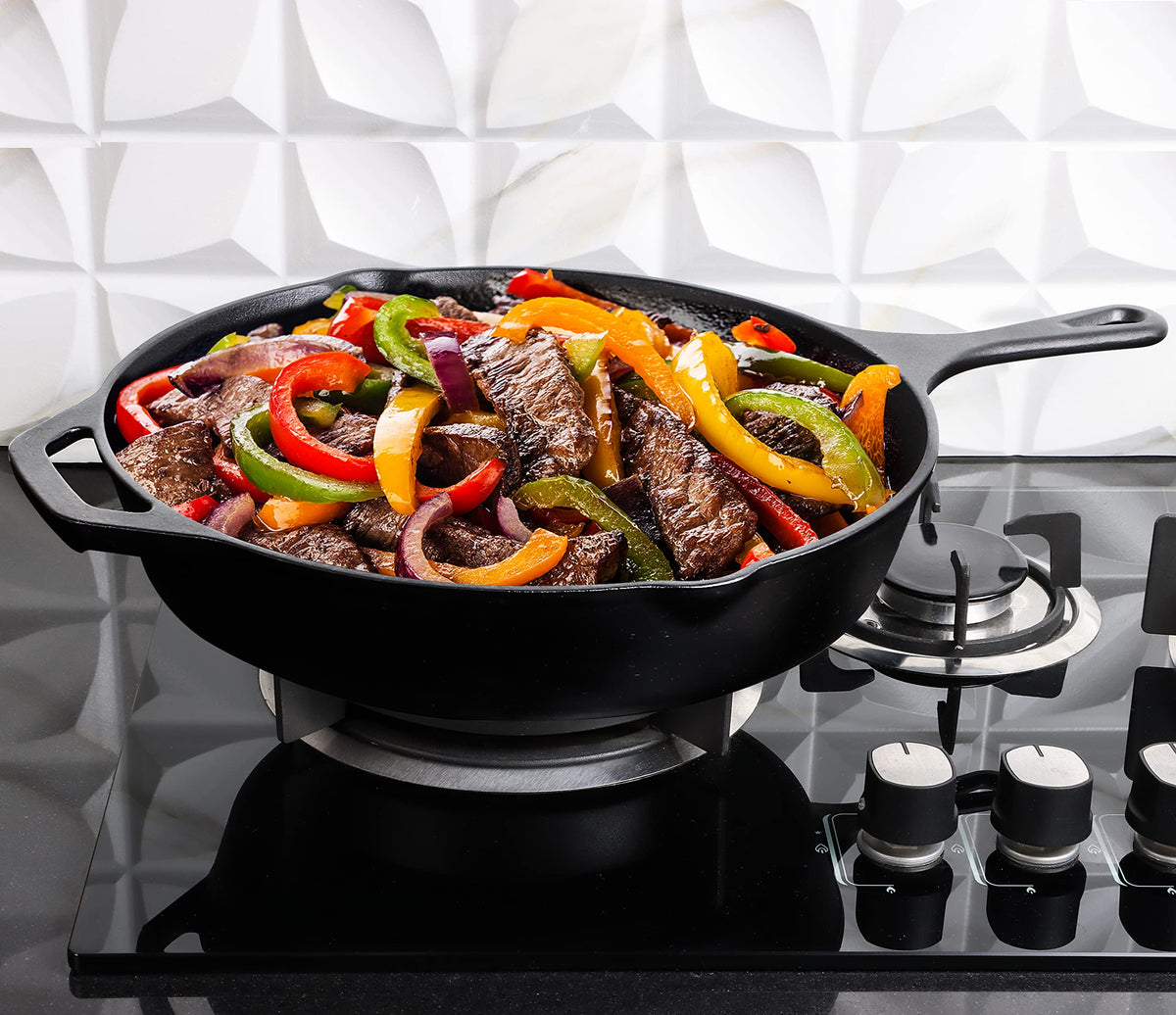 Utopia Kitchen premium cast iron skillet searing steak to brown crust evenly.