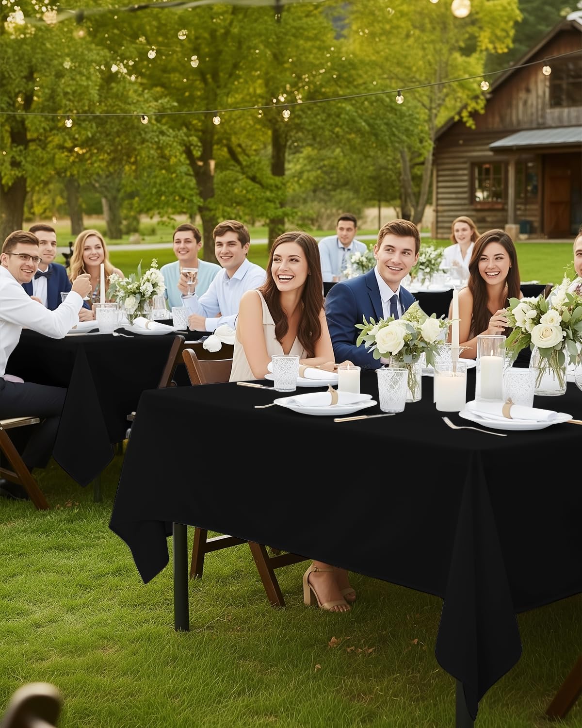 Buffet table arrangement with Utopia Kitchen table cloth in black.