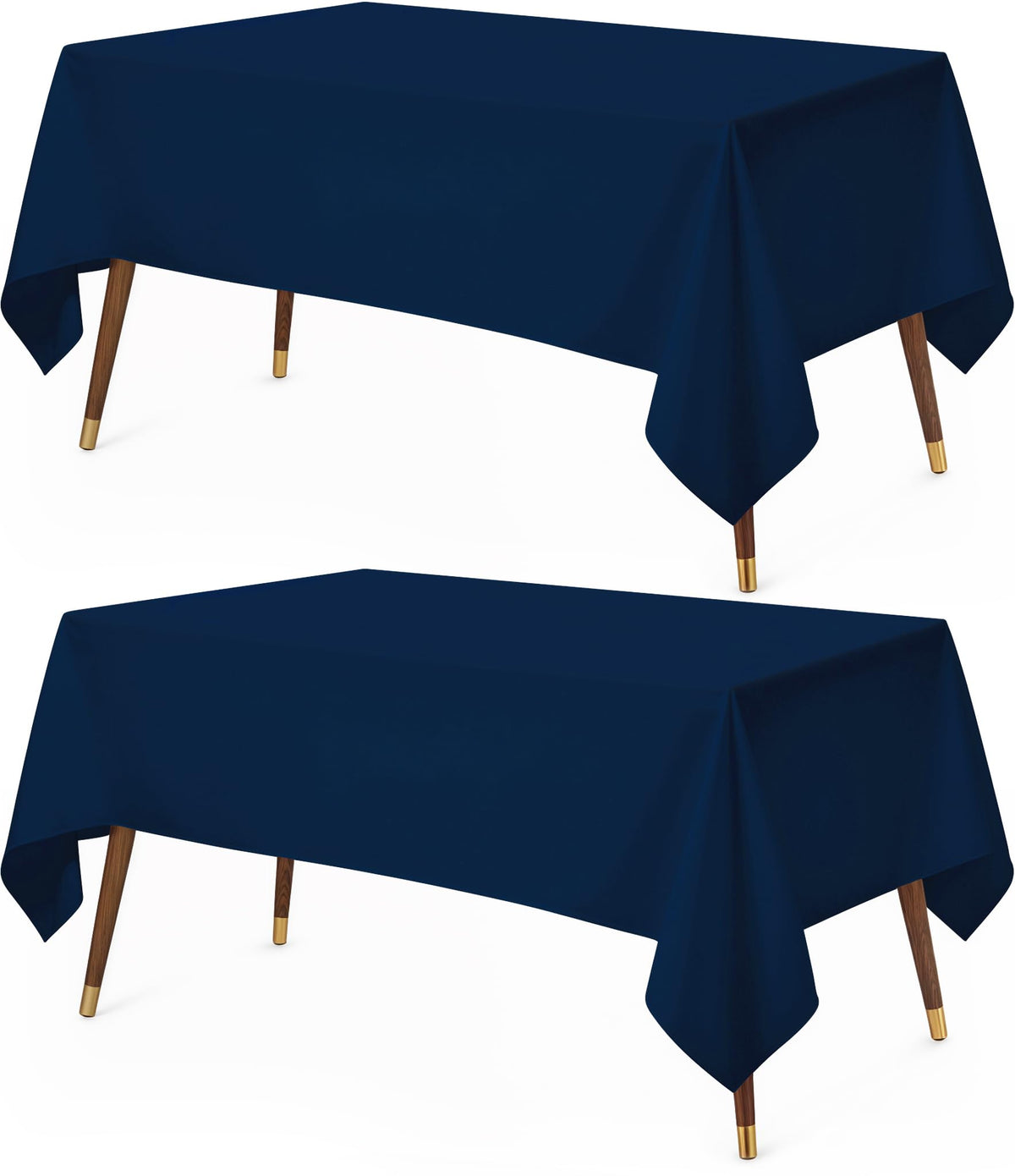 Utopia Kitchen navy rectangle table cloth on a 60x102 table, ideal for family dinners.