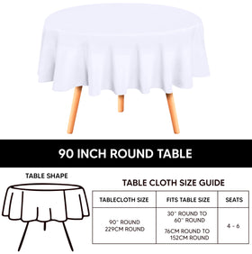 Utopia Kitchen round table cloth 90in white at a wedding setup, stain-resistant for clean tables.