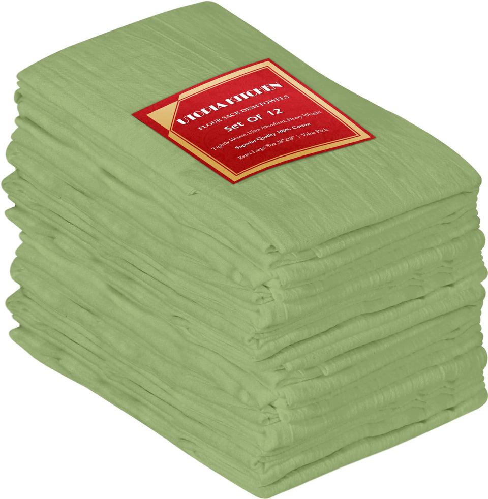 Utopia Kitchen Sage Green Flour Sack Towels Pack—twelve versatile towels for daily cleaning