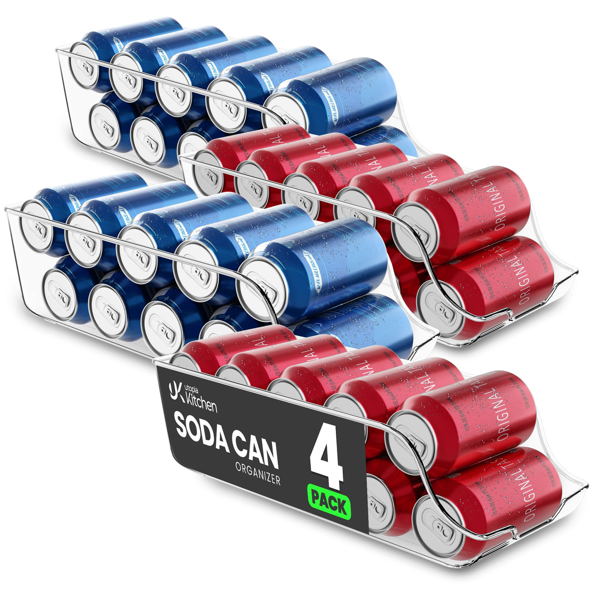 Utopia Kitchen soda can organizer clear 4-pack front view for tidier fridge shelves.