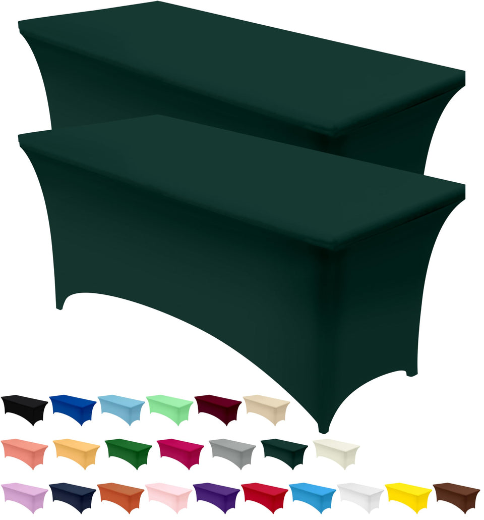 Utopia Kitchen spandex tablecloth on a 4ft table in hunter green for a sleek setup.