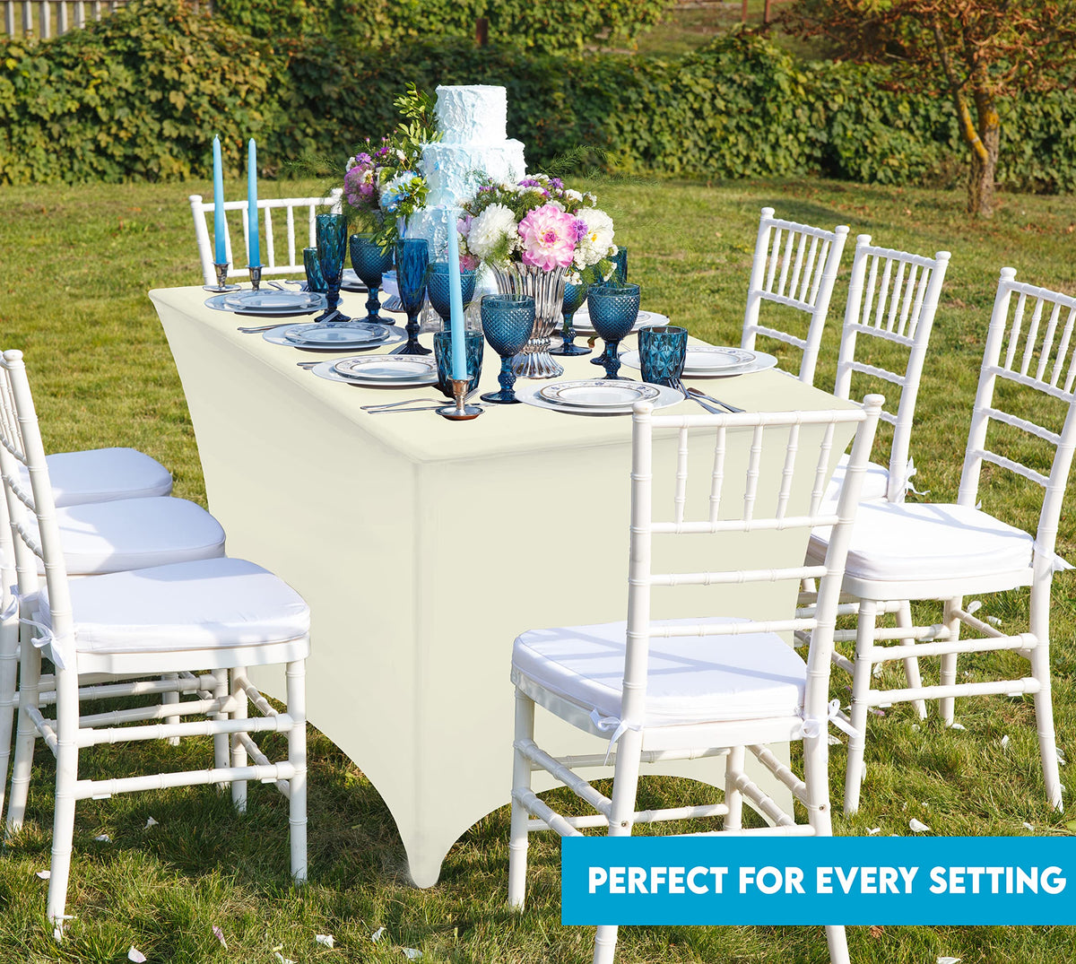 Utopia Kitchen spandex tablecloth on a 4-foot ivory banquet layout demonstrates easy care