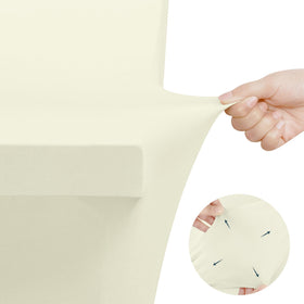 Utopia Kitchen spandex tablecloth on a 4-foot ivory trade show display with smooth finish