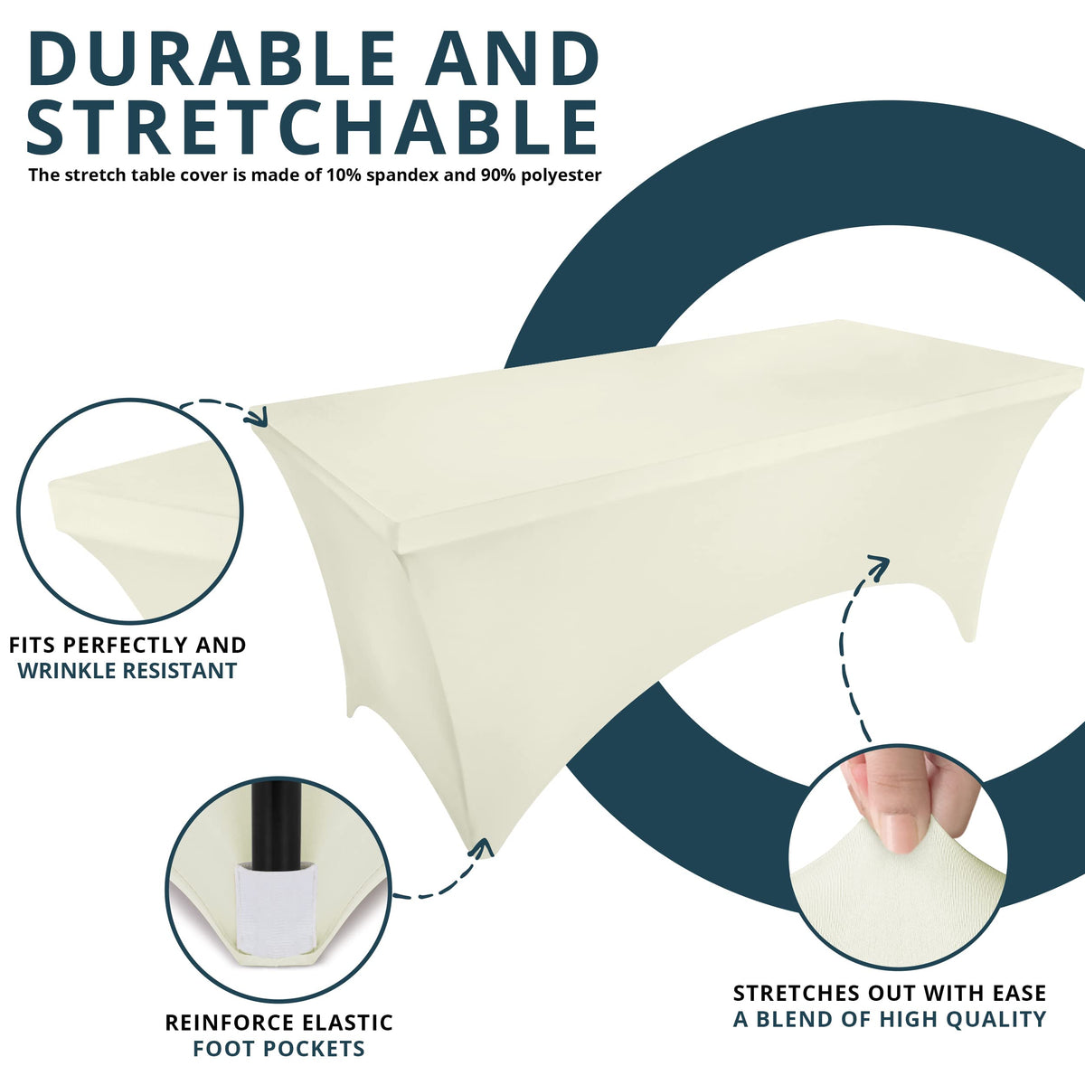 Utopia Kitchen spandex tablecloth on a 4-foot ivory wedding setup showcases versatile event use