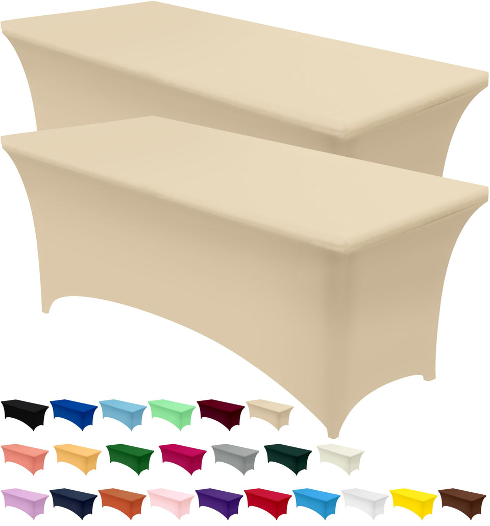 Utopia Kitchen spandex tablecloth on a 6ft table with Champagne finish for a secure fit.