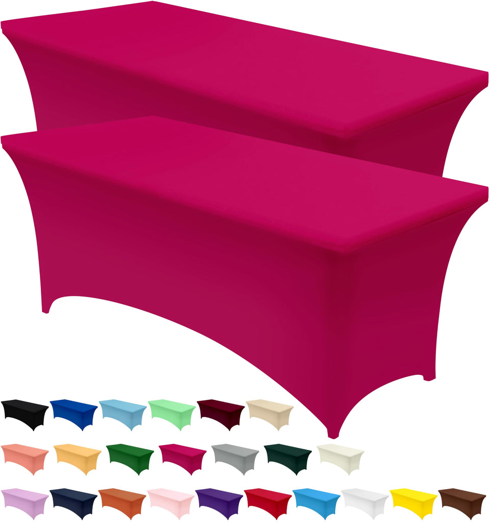 Utopia Kitchen spandex tablecloth on a 6ft table with secure fit and vibrant fuchsia.