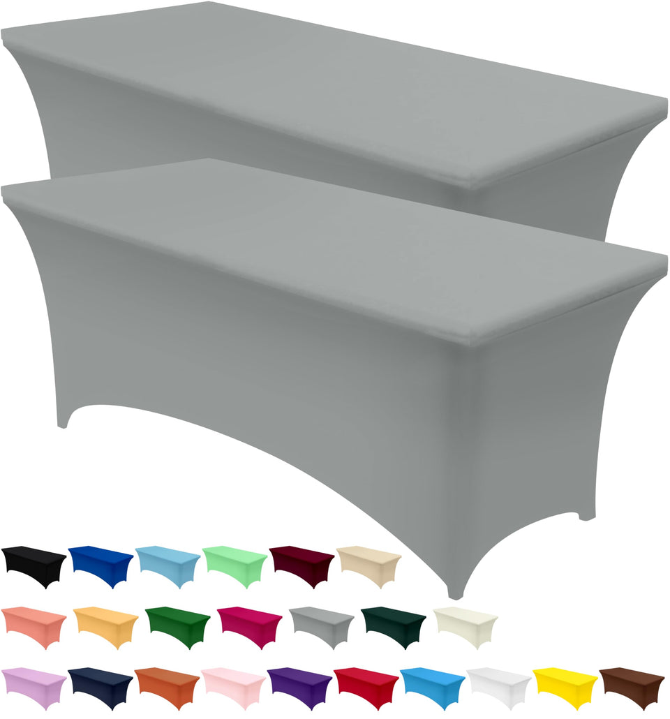 Utopia Kitchen spandex tablecloth on a 6ft grey table with secure stretch fit.