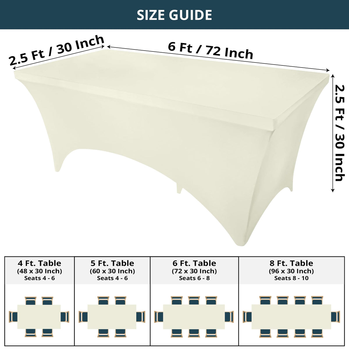 Utopia Kitchen spandex tablecloth ivory on a 6ft table shows a secure, wrinkle-free fit