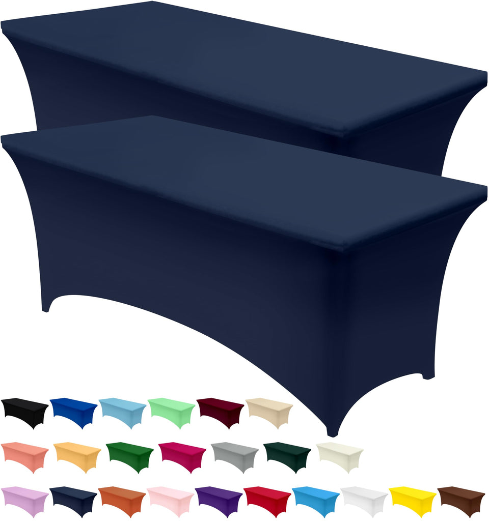 Utopia Kitchen spandex tablecloth on a 6ft navy blue table for a polished setup.