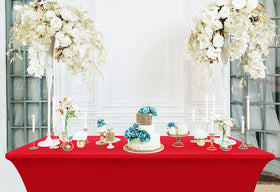 Utopia Kitchen spandex tablecloth highlights a rectangle cover in red.