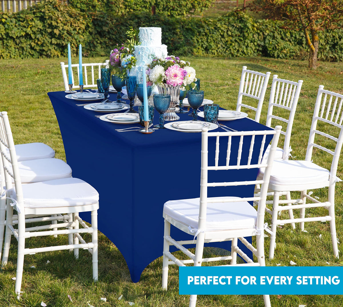 Utopia Kitchen spandex tablecloth at a trade show display with a modern fit.
